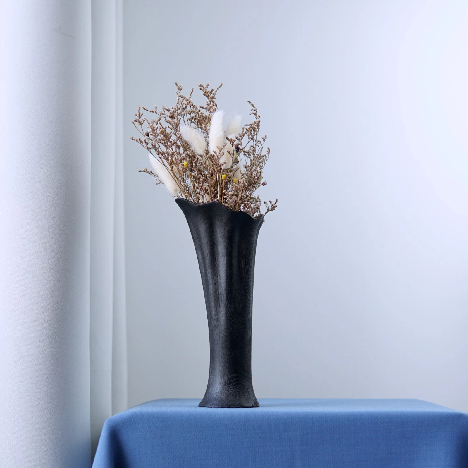 Black Ash Wood Dried Flower Vase, Minimalist Sculptural Decor