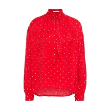 Maje Lipia 8 Red Satin TieNeck White Polka Dot Floral Jacquard LongSleeve Blouse