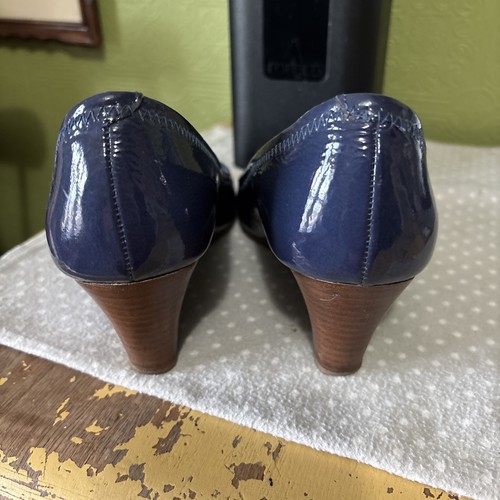 Tory Burch Shoes Womens 7.5 Blue Leather Pumps Julianne Sally Wedge Peep Toe - Picture 4 of 6