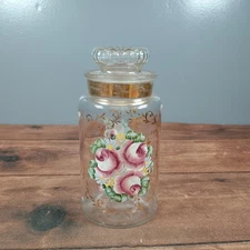 Vintage Glass Apothecary Jar Floral Gold Trim Decorative Storage Candy Kitchen