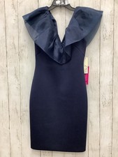 Eliza J Navy Scuba V-Neck Cocktail Dress with Organza Ruffle - Size 6