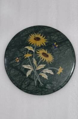14 Inches Green Marble Coffee Table Top Unique Pattern Inlay Corner round Table