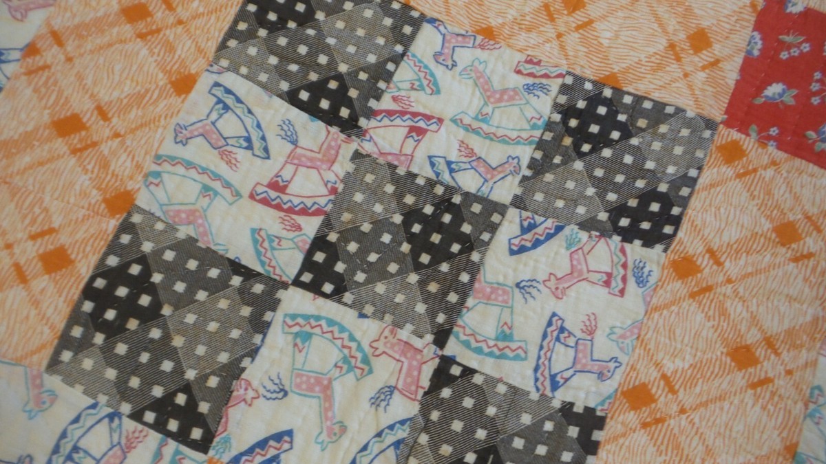 Antique Handmade QUILT,1938 9-PATCH, Some Feedsack Fabric, 72