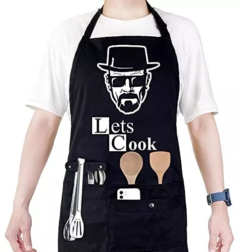 Funny Cooking Chef Apron with Pockets BBQ Kitchen Work Aprons Lets Cook