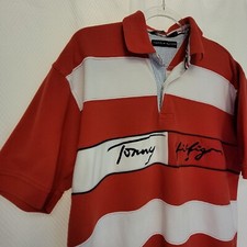 Tommy Hilfiger VTG Red White Short Sleeve Polo Shirt Y2K Spellout Size L Dec 01