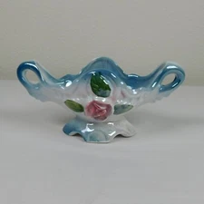 Blue Lustre Floral Embossed Double Handle Candy Dish Table Display Vintage FLAW