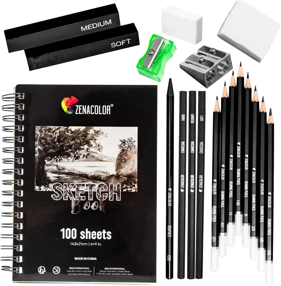 Versátil paquete de cuaderno de bocetos con 100 páginas, lápices de colores y suministros de carbón Foto 3 de 4