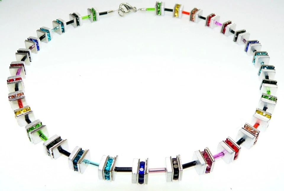 Edel Halskette Würfel Aluminium Strass Quadrate bunt mehrfarbig multicolor 501p - Bild 3 von 4