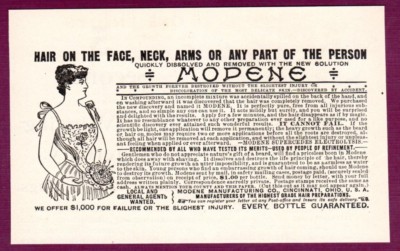  Vintage Ad Fashion Women original Hair Removal MODENE for neck face antique ad