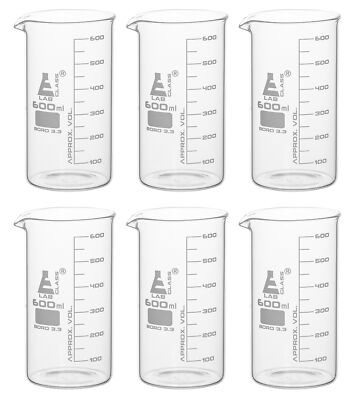 Eisco Labs 600ml Beakers, Tall Form, Graduated - Borosilicate Glass - 6 Pack