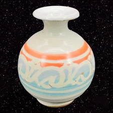 Studio Art Pottery Vase Hand Made Stoneware Vase Hand Painted Orange Blue 4”Tall