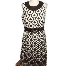 Talbots Dress Women 10 Brown White Linen Belt Sheath Summer Lightweight Classic