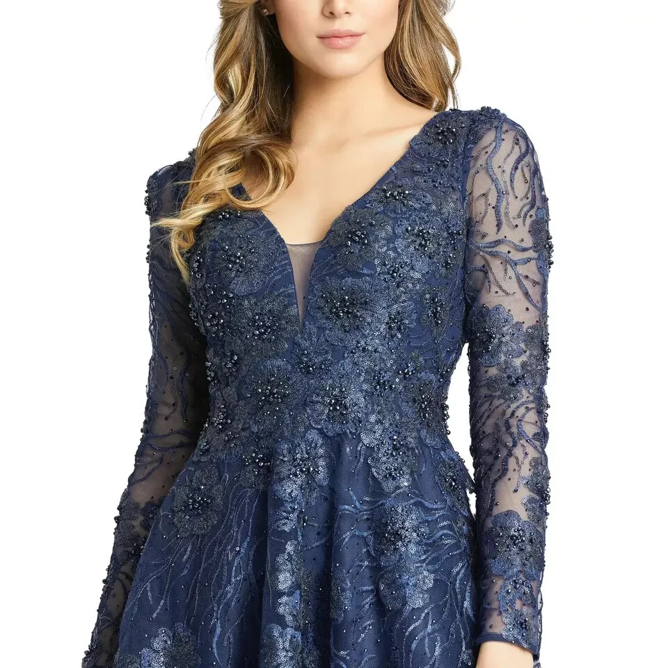 Mac Duggal☆エレガント☆花柄 ビーズ ミディドレス Mac Duggal Midnight Blue Floral Embroidered Sequin Beaded