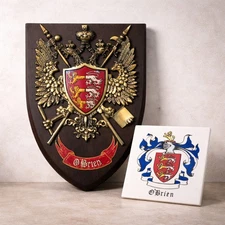 Large Cast Iron O'Brien Irish Family Crest Shield And Ceramic Tile/trivet