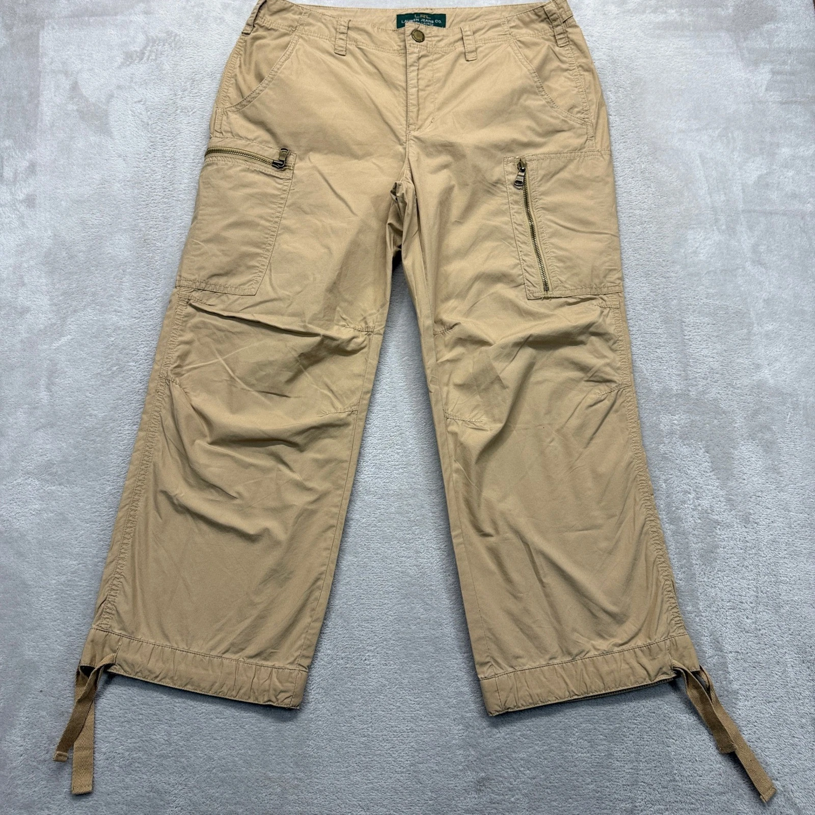 LRL Ralph Lauren Pants Women's 8 Cargo Capri Tan Zip Pockets Drawstring Ankles