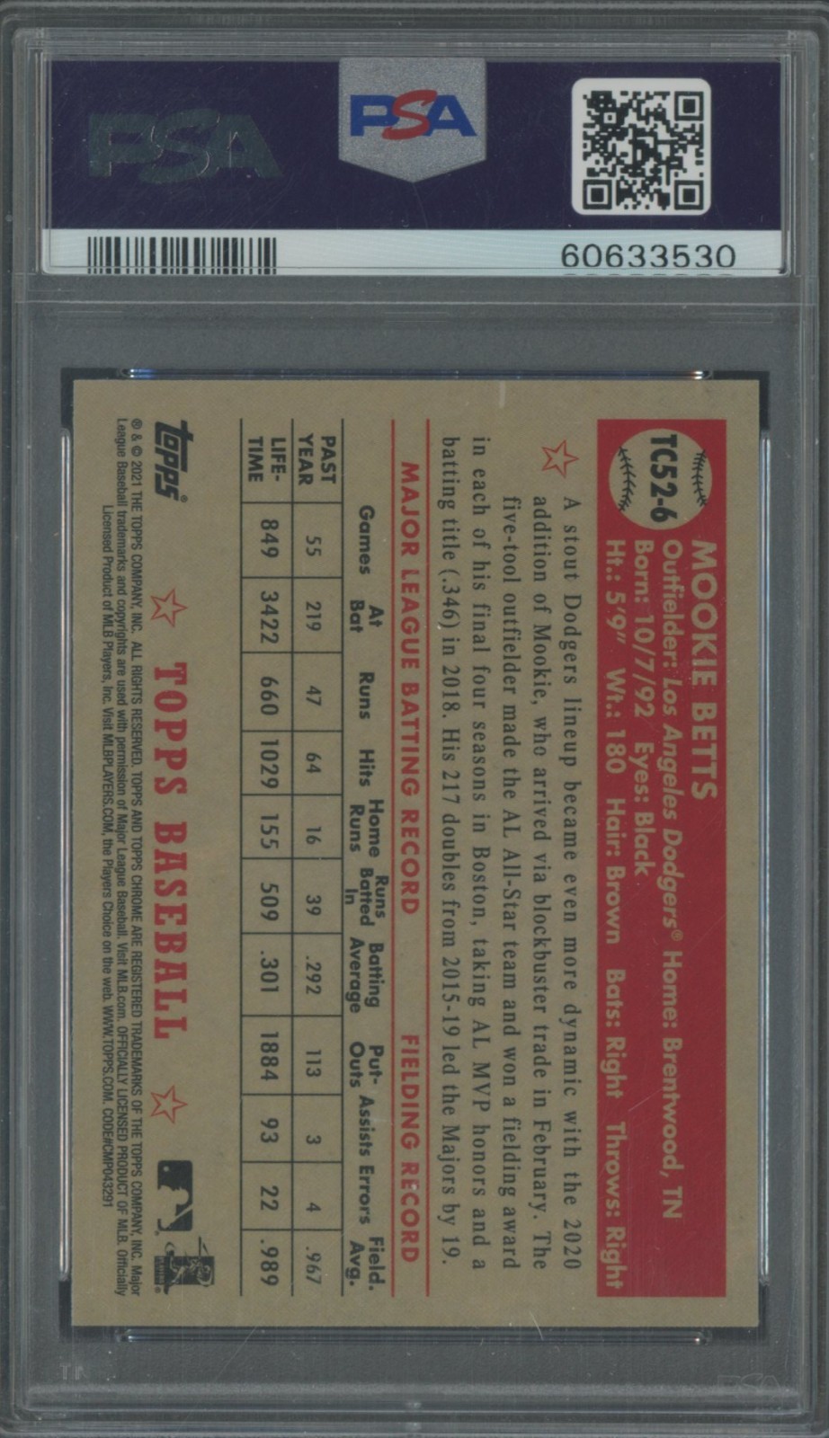 2021 Topps 1952 Topps Redux Chrome #TC526 Mookie Betts Dodgers PSA 10 GEM MINT view 2