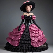 Black Pink Gothic Victorian Evening FormalDress Off Shoulder Ruffles Puffy Skirt