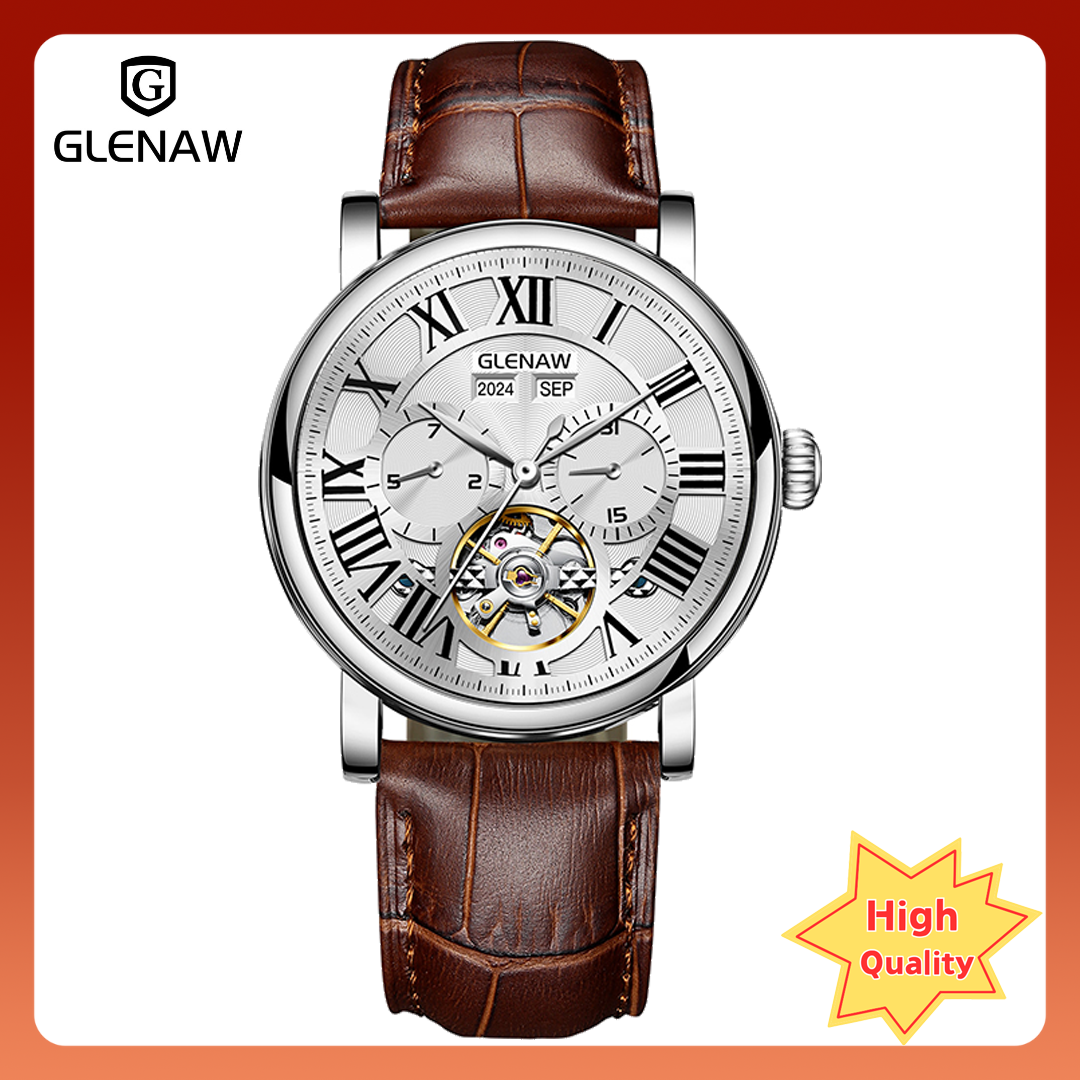 GLENAW Men's automatic tourbillon vintage leather men's classic fashion watches