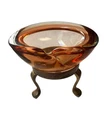 VTG Mid-Century Amber Art Glass Ashtray Bowl w/Brass Tripod Stand Murano-Style