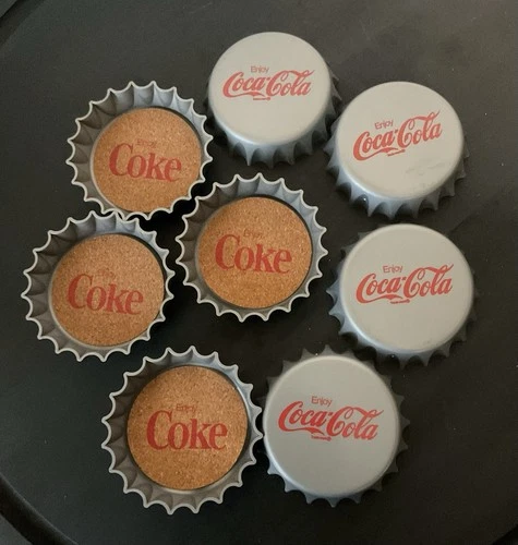 Vintage 1977 Coca-Cola Plastic & Cork Bottle Cap Coaster Set Of 8 L@@k
