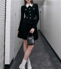 Women Self-Portrait Collared Knit Pleated Long Sleeve Mini Dress