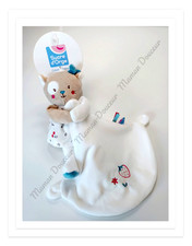 Doudou Plat Peluche Chat Beige Blanc Bleu Rose Fraise Cerises Fleur Sucre D'orge