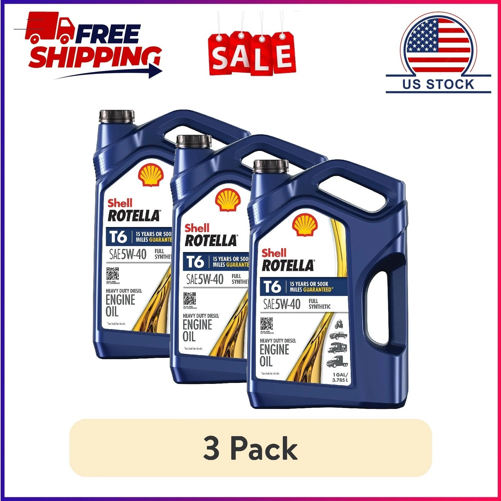 (3 pack) Shell Rotella T6 Full Synthetic 5W-40 Diesel Engine