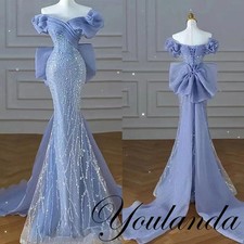 Blue Women's Off The Shoulder Bow Sequins Beaded Luxury Toast Dress Prom Party