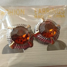 Orange Round Faceted Stone Stud Earrings Silver & Gold Tone Butterfly Back