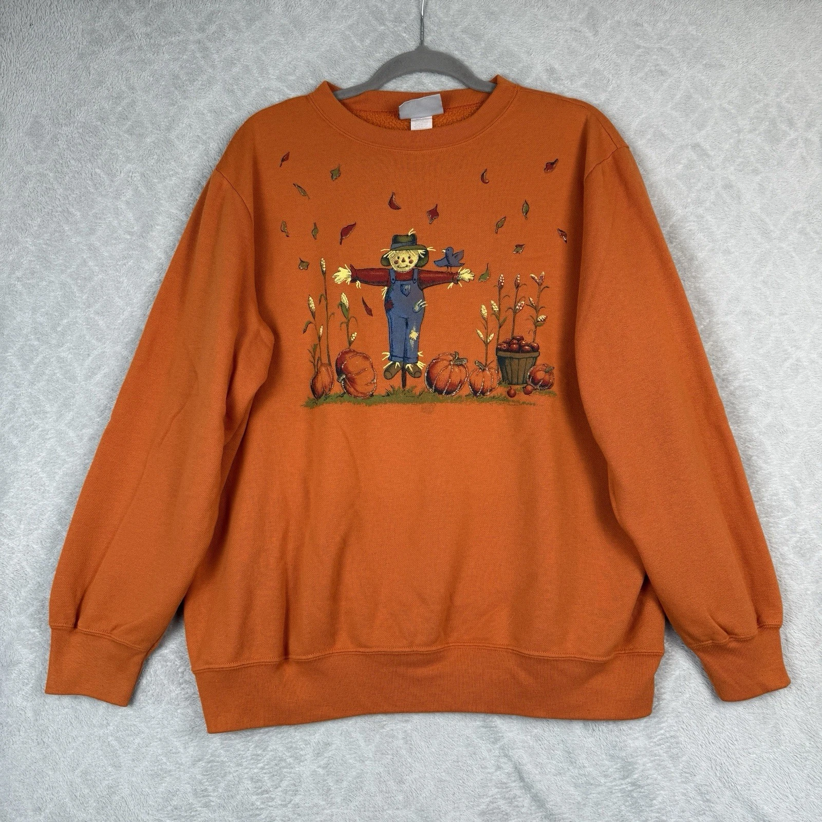 Vtg 90s Fall Sweatshirt Scarecrow XL/1X Pumpkin Patch Grandmacore Autumn Leaves