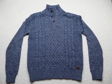 Buffalo David Bitton Men’s Sweater Medium Blue Mock Neck Button Cable Knit