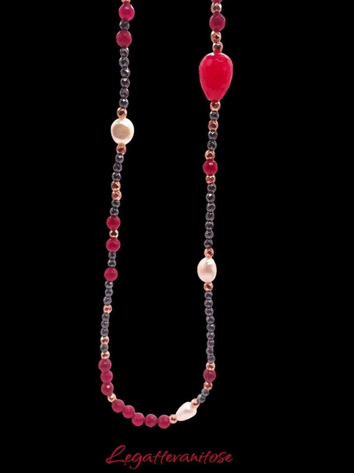 Collana Donna Lunga Perle pietre dure naturali e Argento 925 Rosé. Collana Lunga - Immagine 3 di 4
