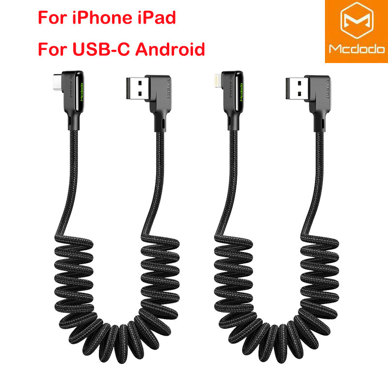 Mcdodo Coiled Spring LED Fast Charging USB Cable 8 Pin Type C for iPhone Samsung