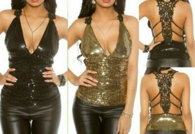 Sexy Miss Women Ruffle V Top Crochet Lace Back Sequins XS/S Black Gold - Image 1 of 3