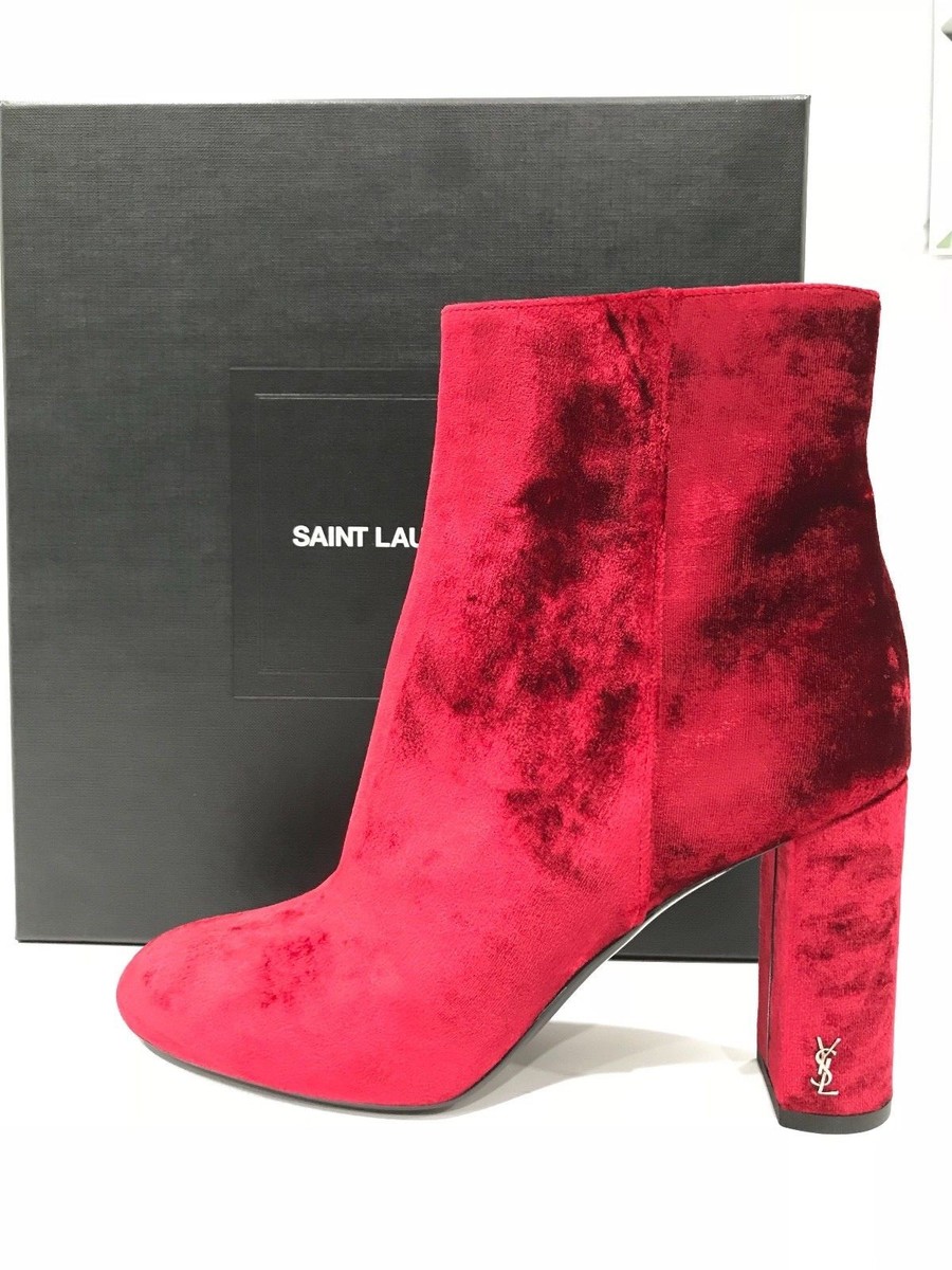 NIB Saint Laurent YSL Logo Loulou 90MM Velvet Red Ankle Boot
