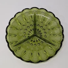 Vintage Anchor Hocking Fairfield Avocado Glass 3-Part Relish Dish 8 3/4" MCM