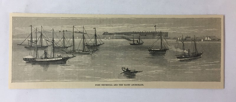 1884 magazine engraving ~ FORT TRUMBULL & THE YACHT ANCHORAGE, RI