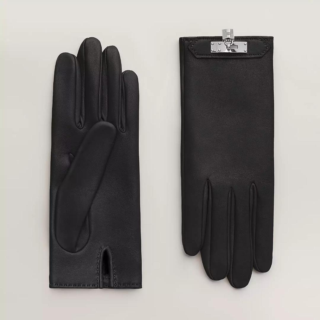 HERMES Soya Lamb Leather Gloves Black Kelly Cadena Silk HERMES Soya Lamb Leather Gloves Black Kelly Cadena Silk