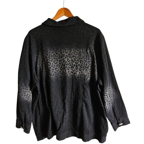 Quacker Factory Denim Jacket Leopard Rhinestone Button Front Black 2X NWT - Picture 7 of 10