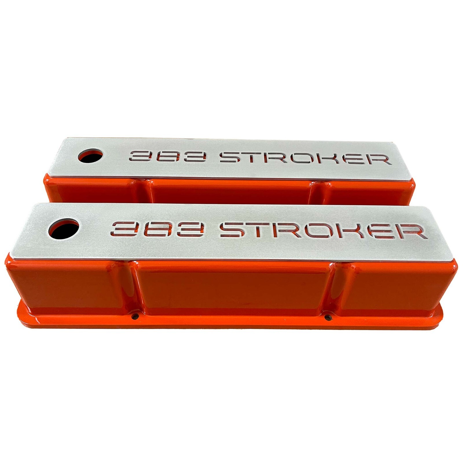 383 Stroker Small Block Chevy Tall ORANGE Valve Covers with Custom