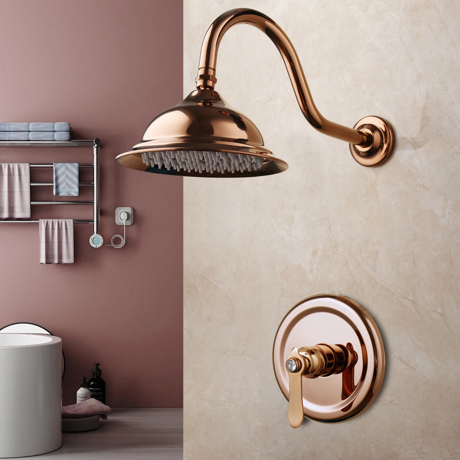 8"Round Rainfall Rose Gold Shower Head 1 Handles Control Mixer Shower Faucet Set