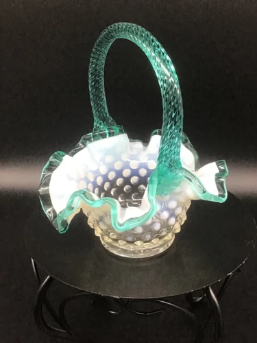 Fenton White French Opalescent Hobnail Basket With Turquoise Aqua Crest