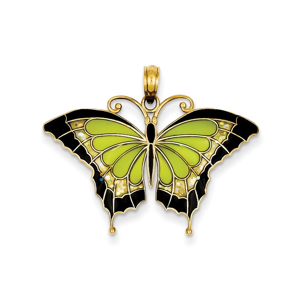 14K Yellow Gold Green Stained Glass Tapered Religious Themed Cross