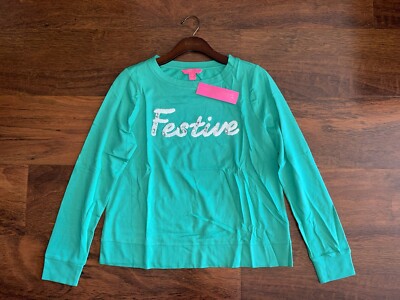 Lilly Pulitzer XL Green Coconut FESTIVE RAMI SWEATSHIRT Knit Cotton Pullover NWT