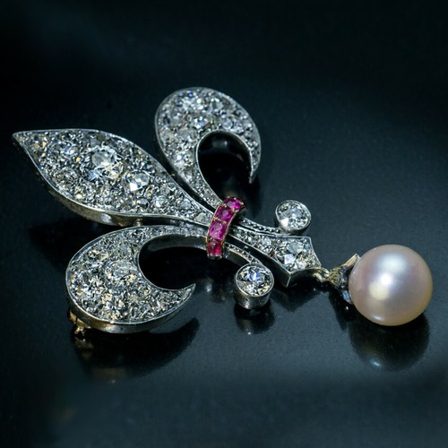 Antique 2Ct Moissanite Pearl & Ruby Fleur-De-Lis Brooch Pin 14k White Gold Over - Picture 2 of 6