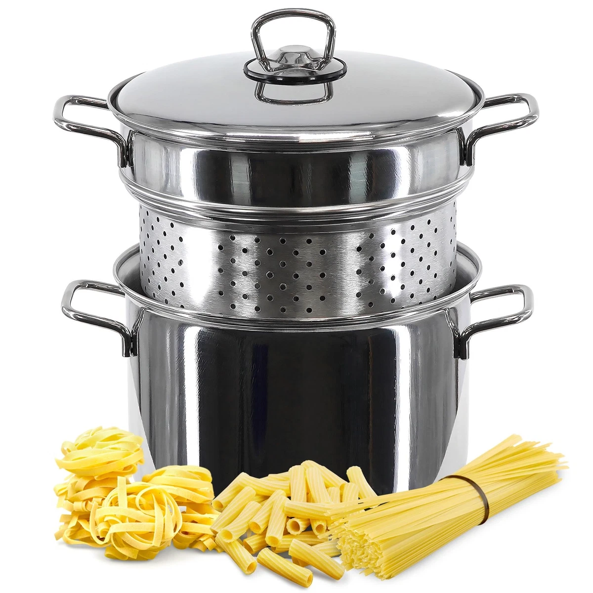 Stainless Steel Spaghetti Pasta Pot Pan Strainer Set Stockpot Induction Base