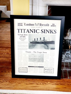 London Herald: Titanic Sinks Front Page, Total Framed Size 35x26