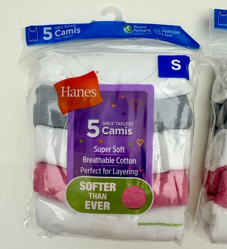 x2 Packs Hanes Girls Tagless 10 Camis Size Small White Pink Gray - Picture 2 of 3