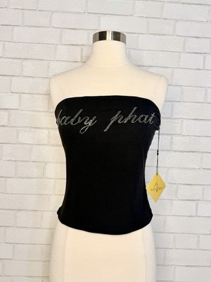 New Baby Phat Black Tube Top Shirt Silver Stud Rhinestone Bling Women s Medium