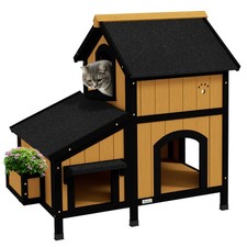 PawHut Wooden Outdoor Cat House w/ Flower Pot, Windows, Multiple Entrances